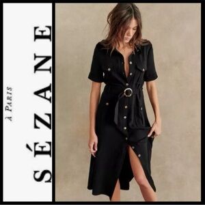 Sezane Black Raquel Button-Down Dress